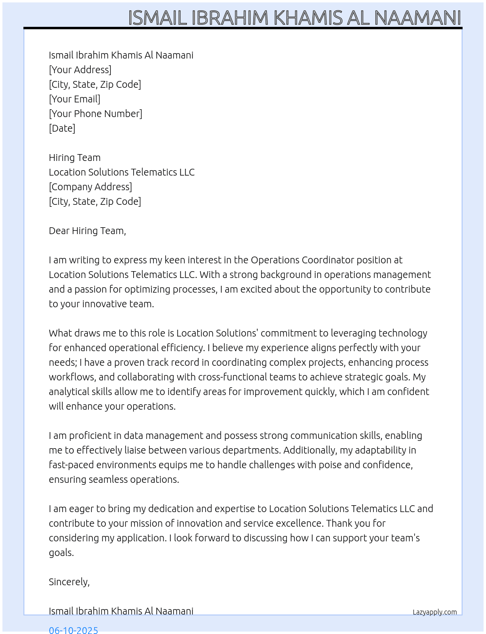 Operations Coordinator At Location Solutions Telemetics LLC Cover Letter