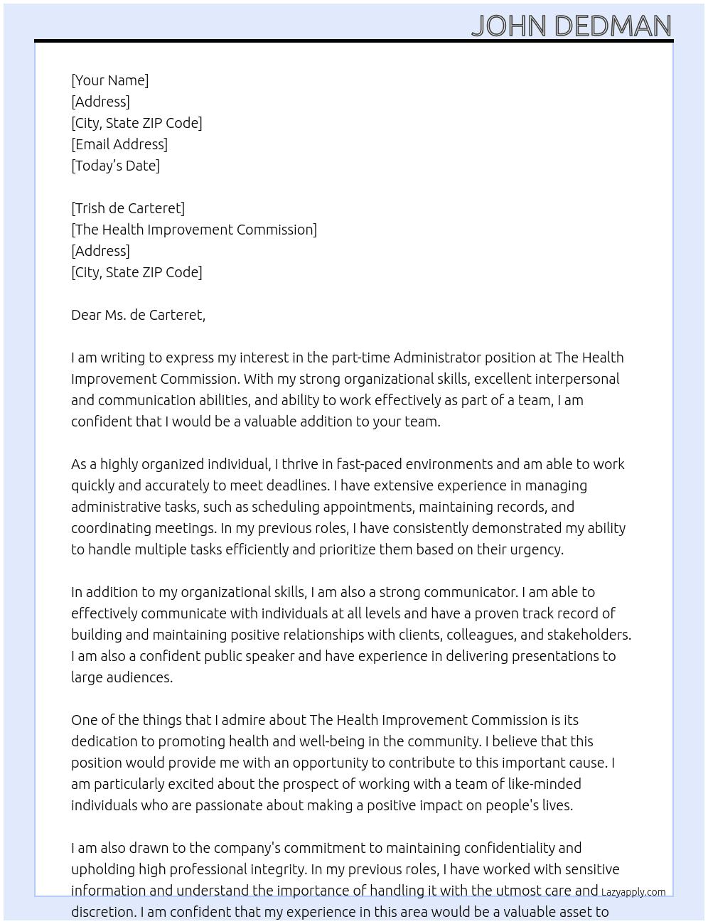 administrator At The Health Improvement Commission  Cover Letter