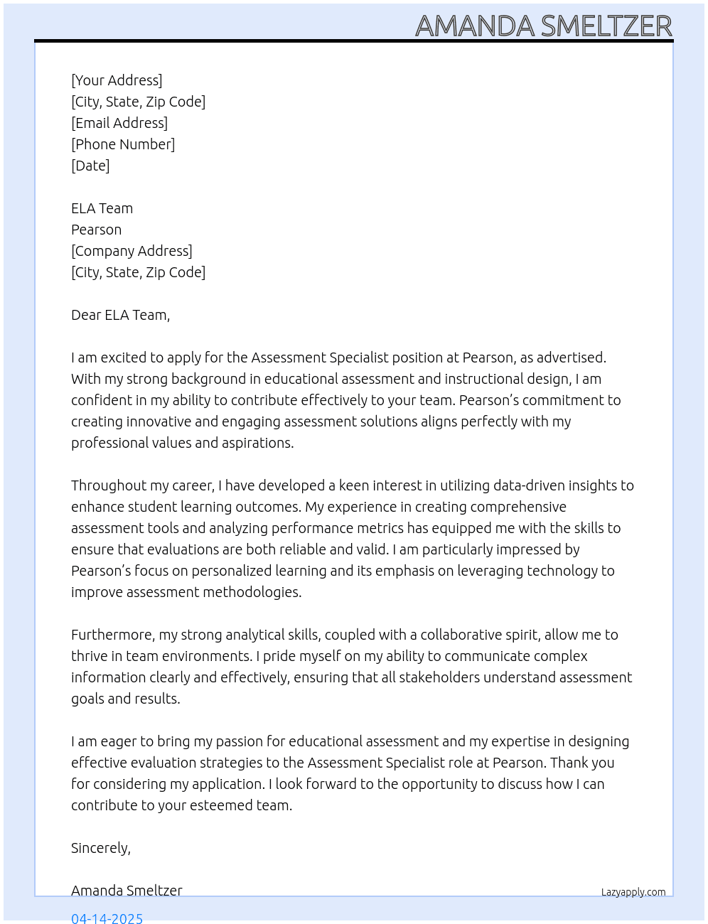 Assessment Specialist At Pearson Cover Letter
