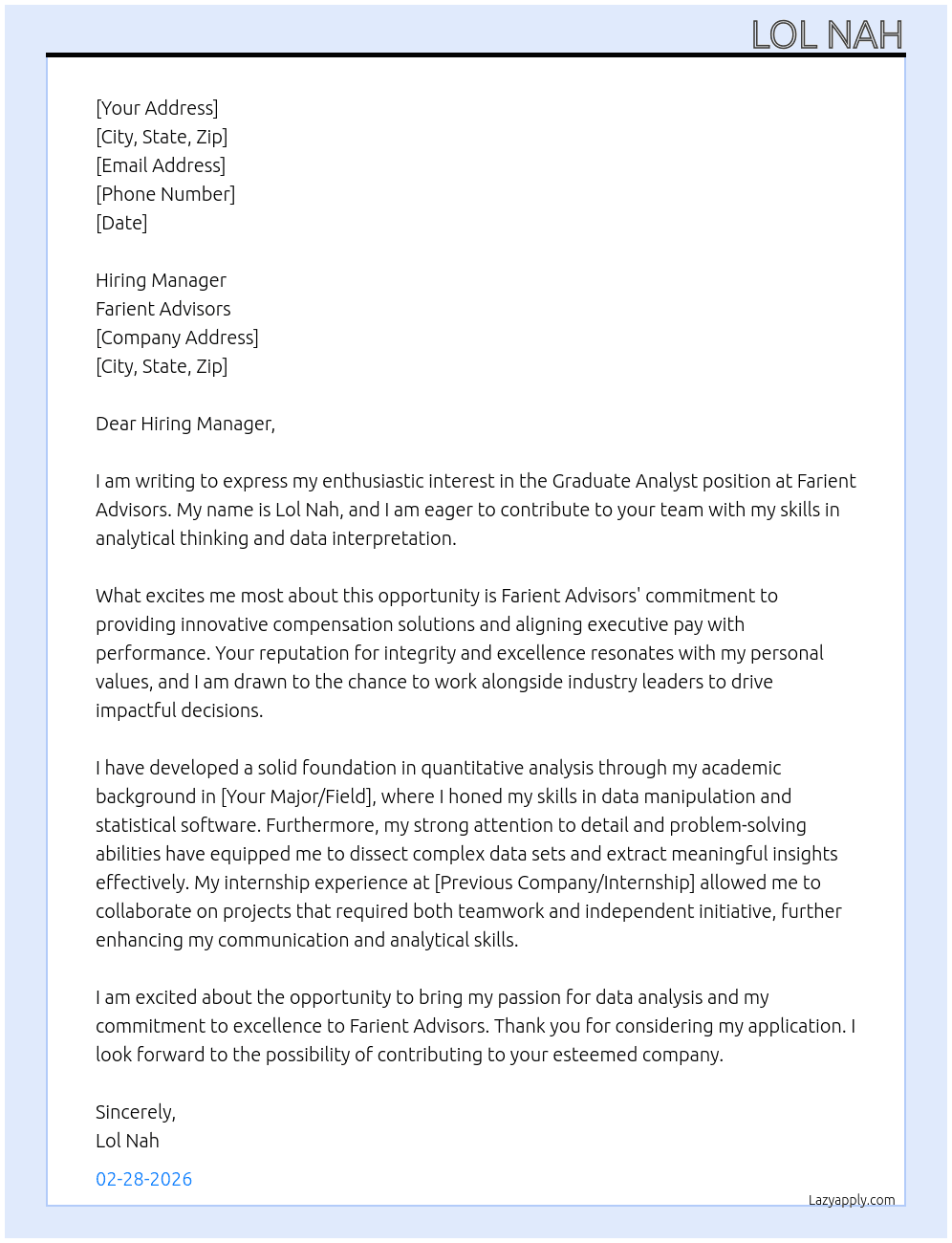 Graduate Analyst At Farient Advisors Cover Letter