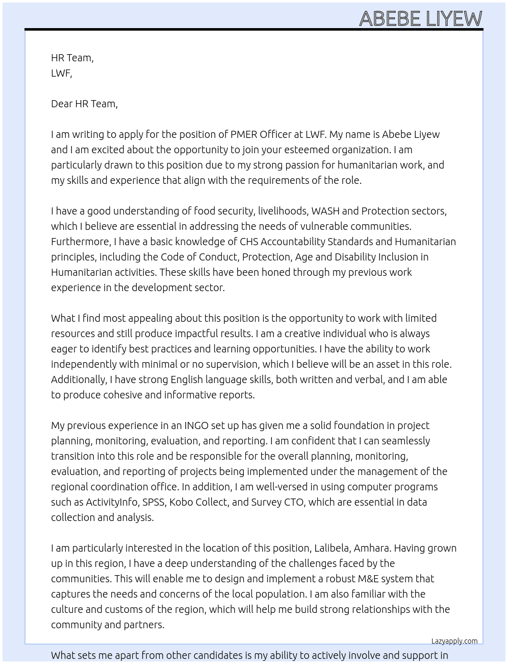 PMER Officer At LWF Cover Letter
