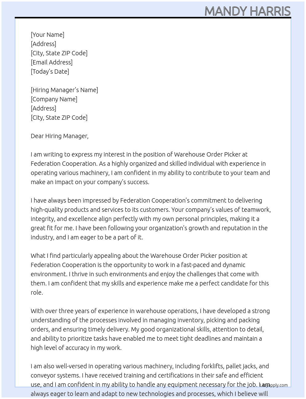 Warehouse Order picker At Federation cooperation  Cover Letter