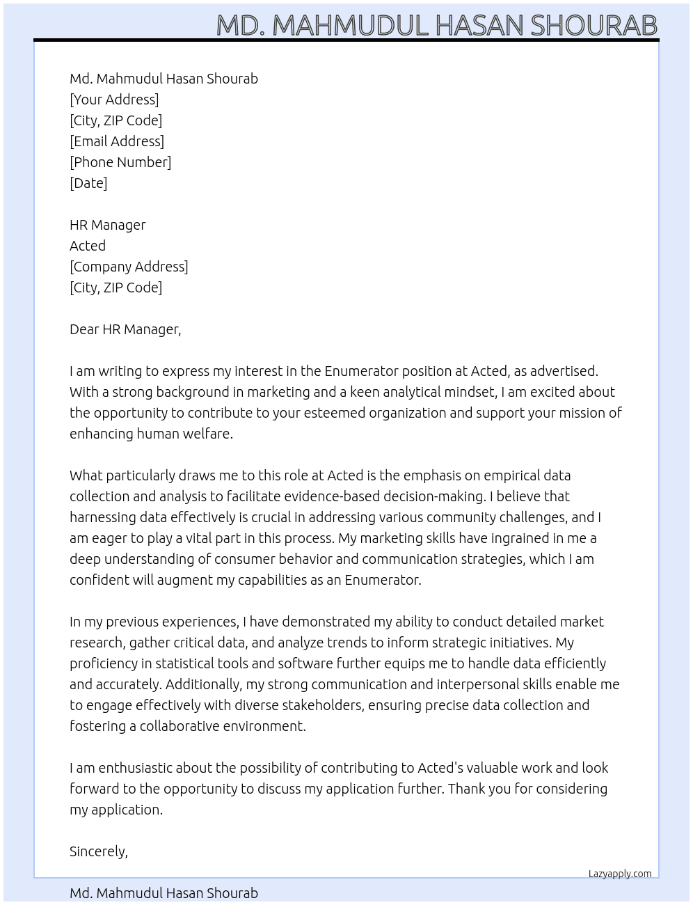Enumerator At Acted Cover Letter