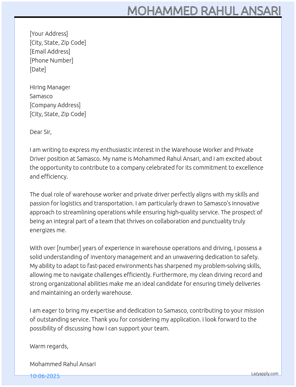 Warehouse worker private driver At Samasco Cover Letter