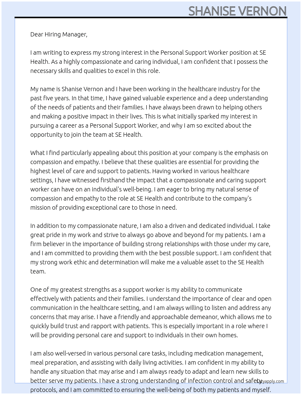 Personal Support Worker At SE Health Cover Letter