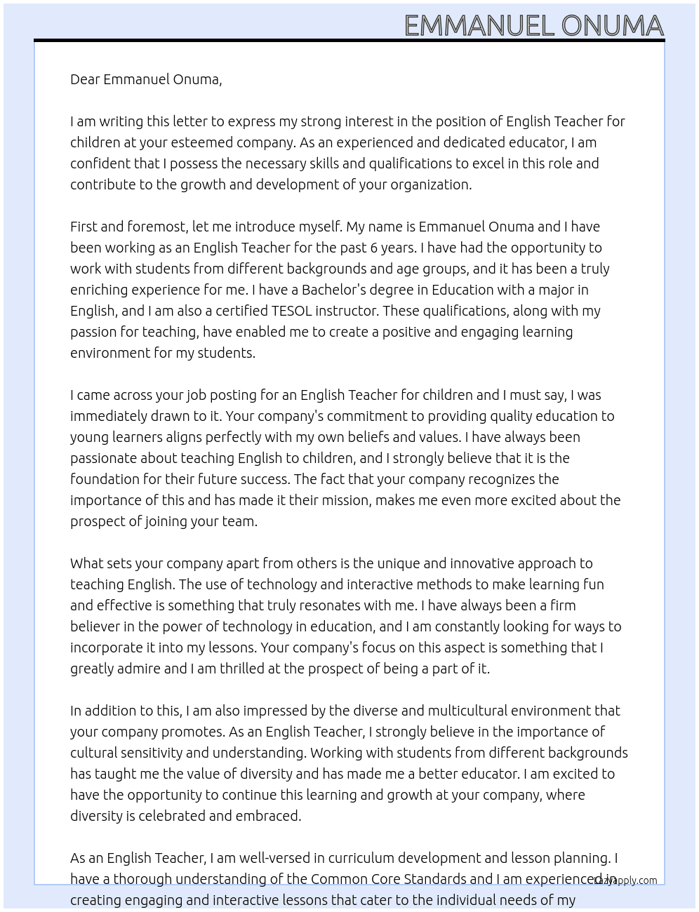 English Teacher for children At Emmanuel Onuma Cover Letter