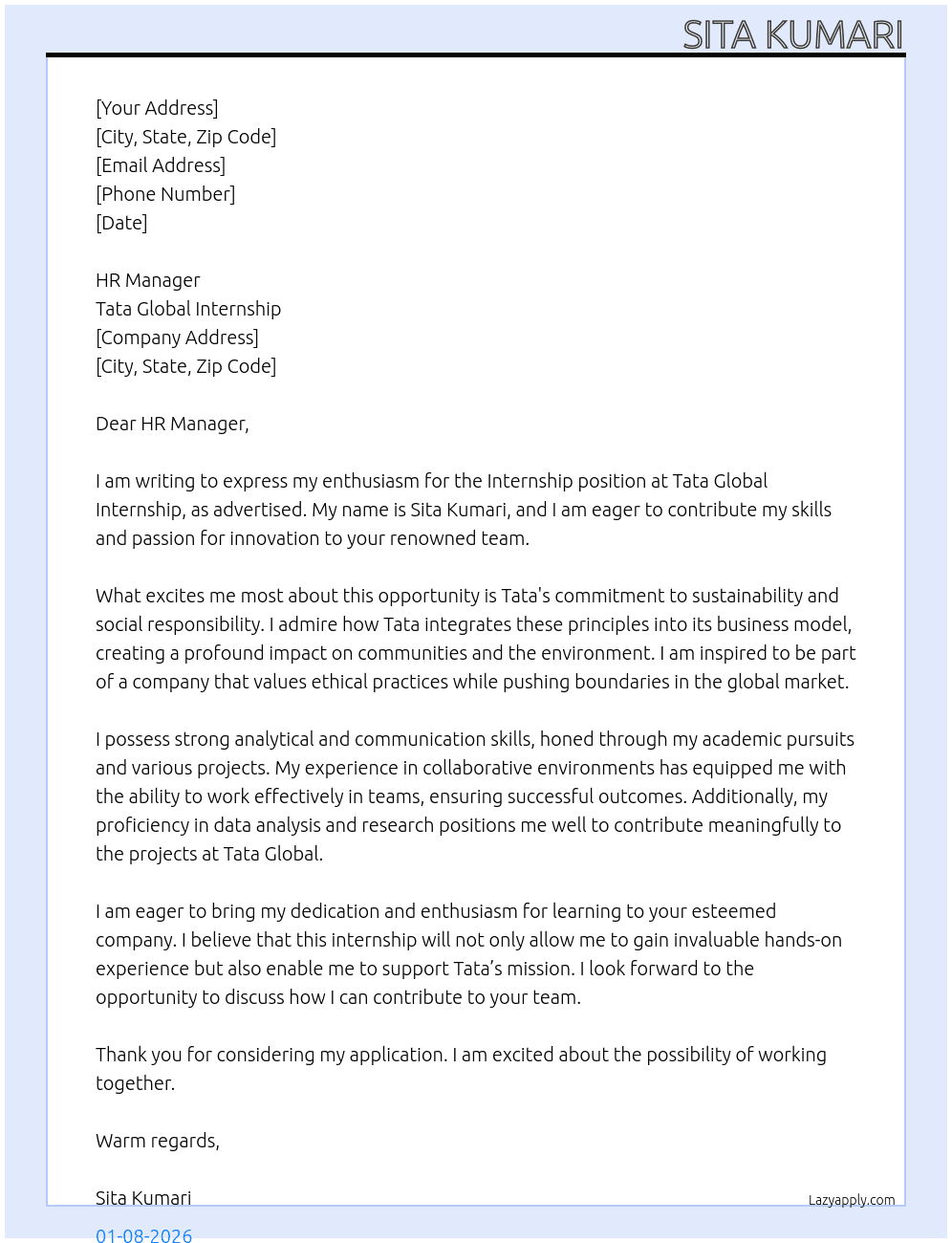 Internship  At Tata Global Internship  Cover Letter