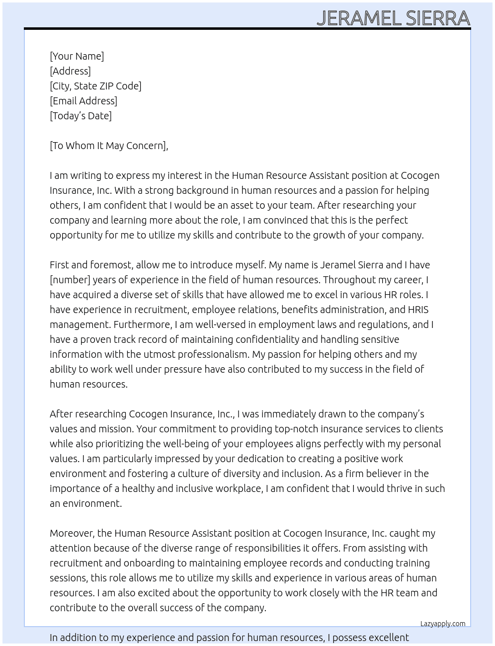 Human Resource Assistant At Cocogen Insurance, Inc. Cover Letter