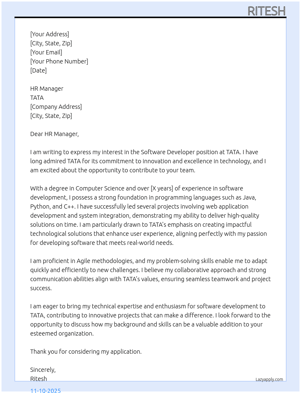 software developer At TATA Cover Letter