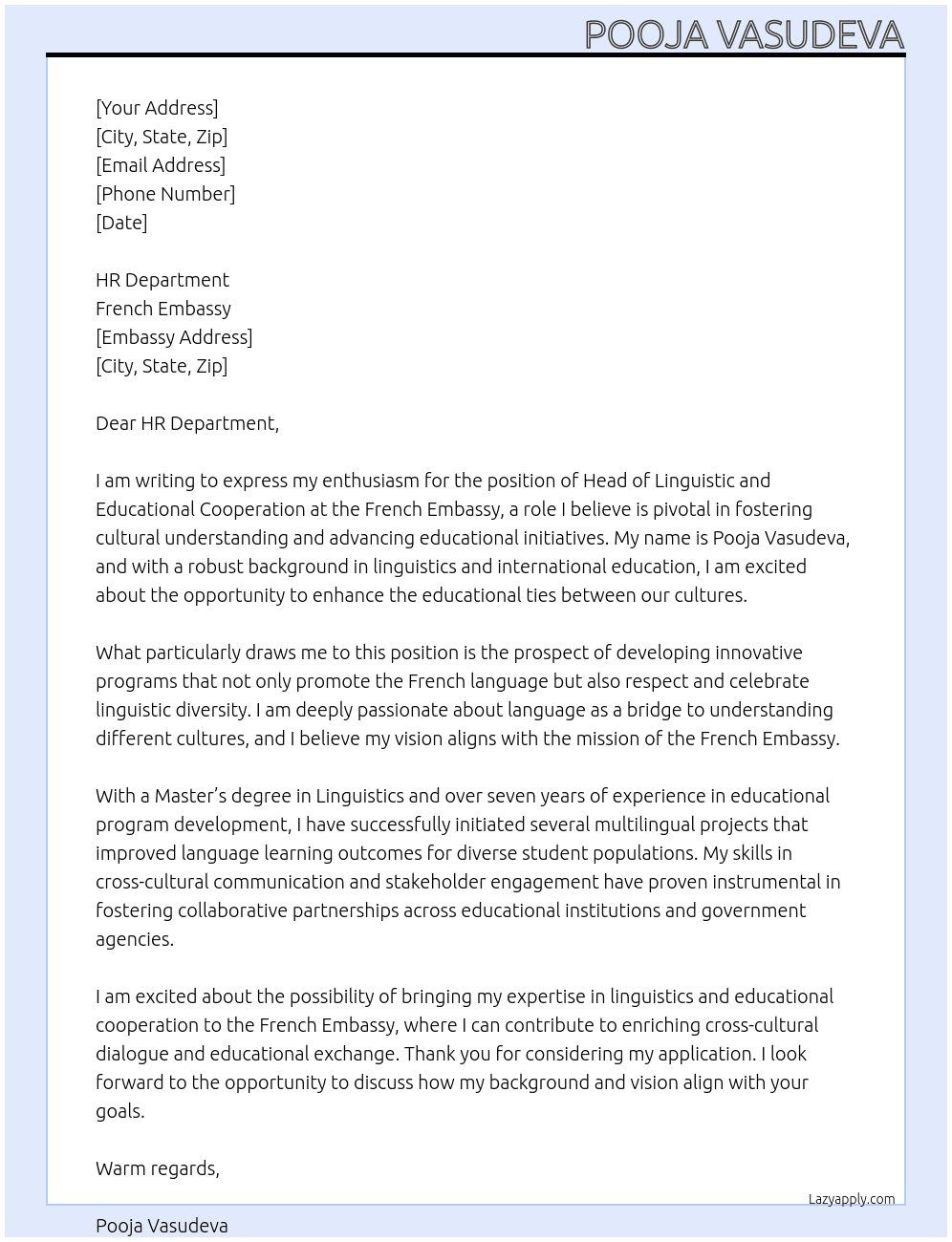 Head of linguistic and educational cooperation At French Embassy Cover Letter