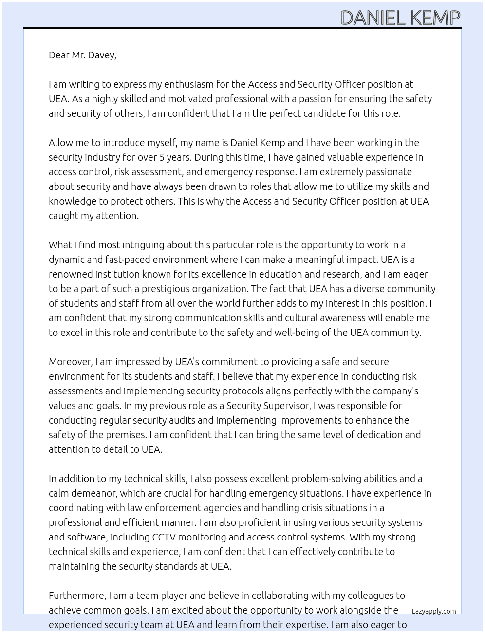 Cover letter for access and security officer - LazyApply