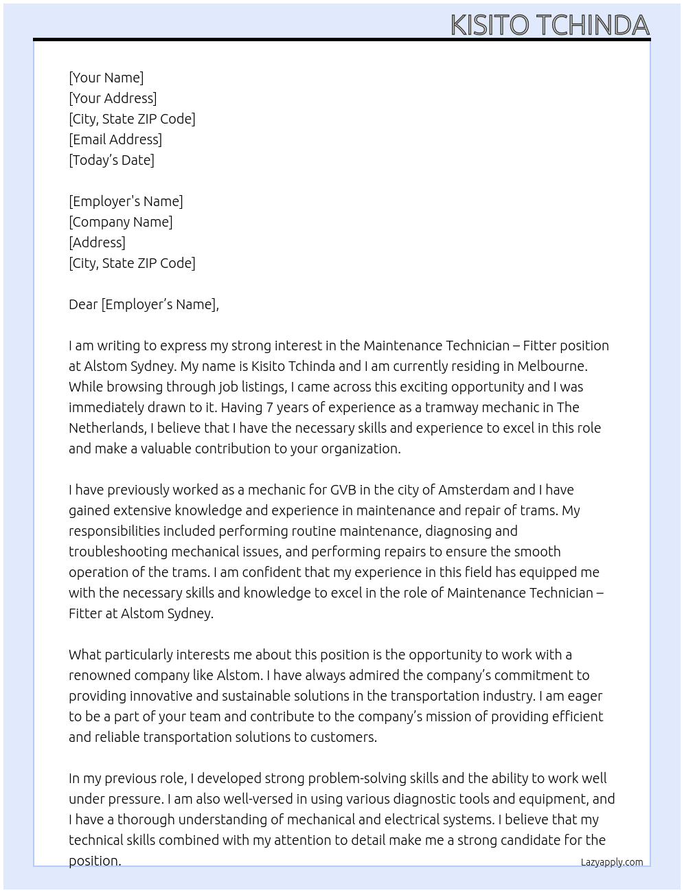 Mechanic At Alstom Cover Letter