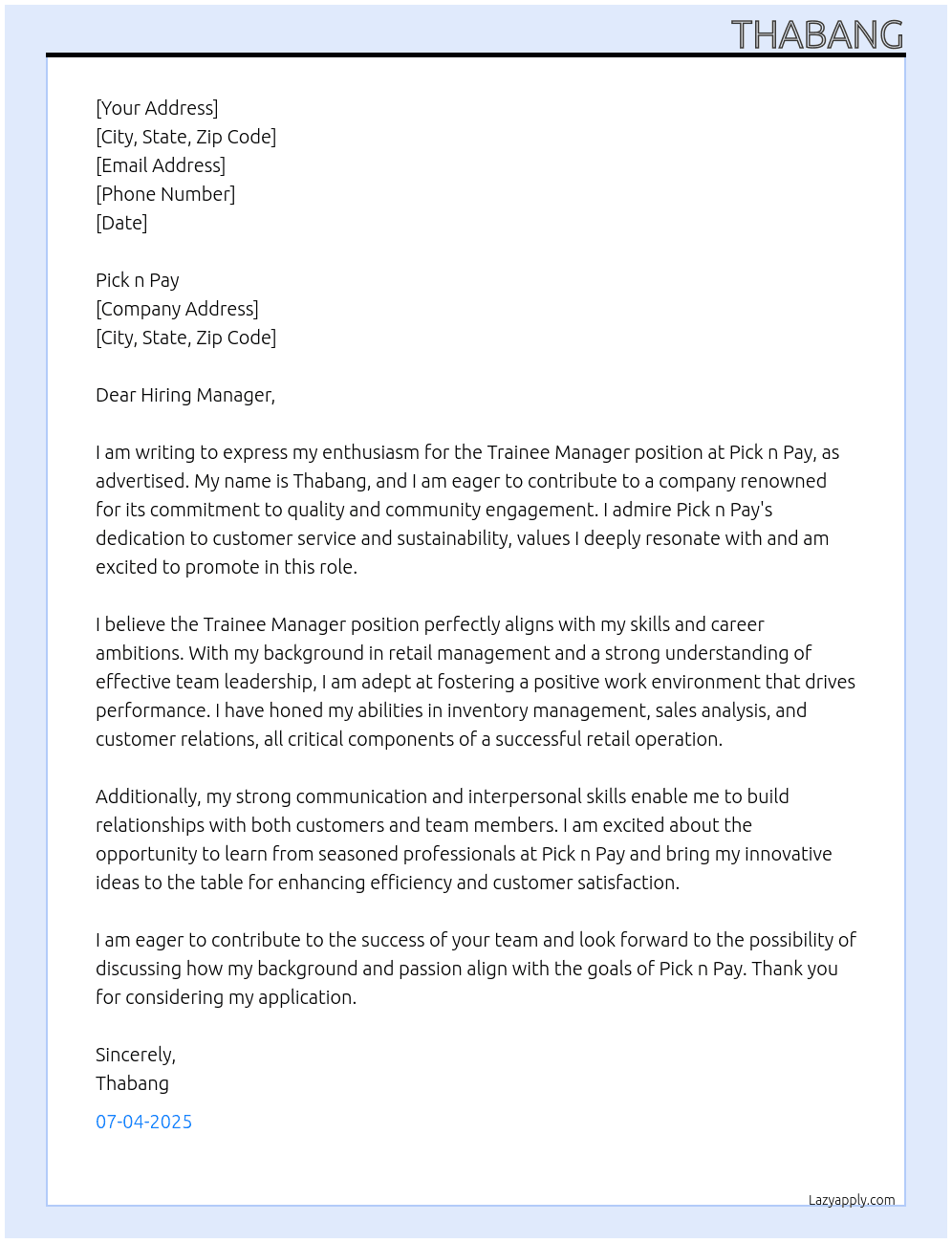 Trainnee Manager  At Mofokeng  Cover Letter