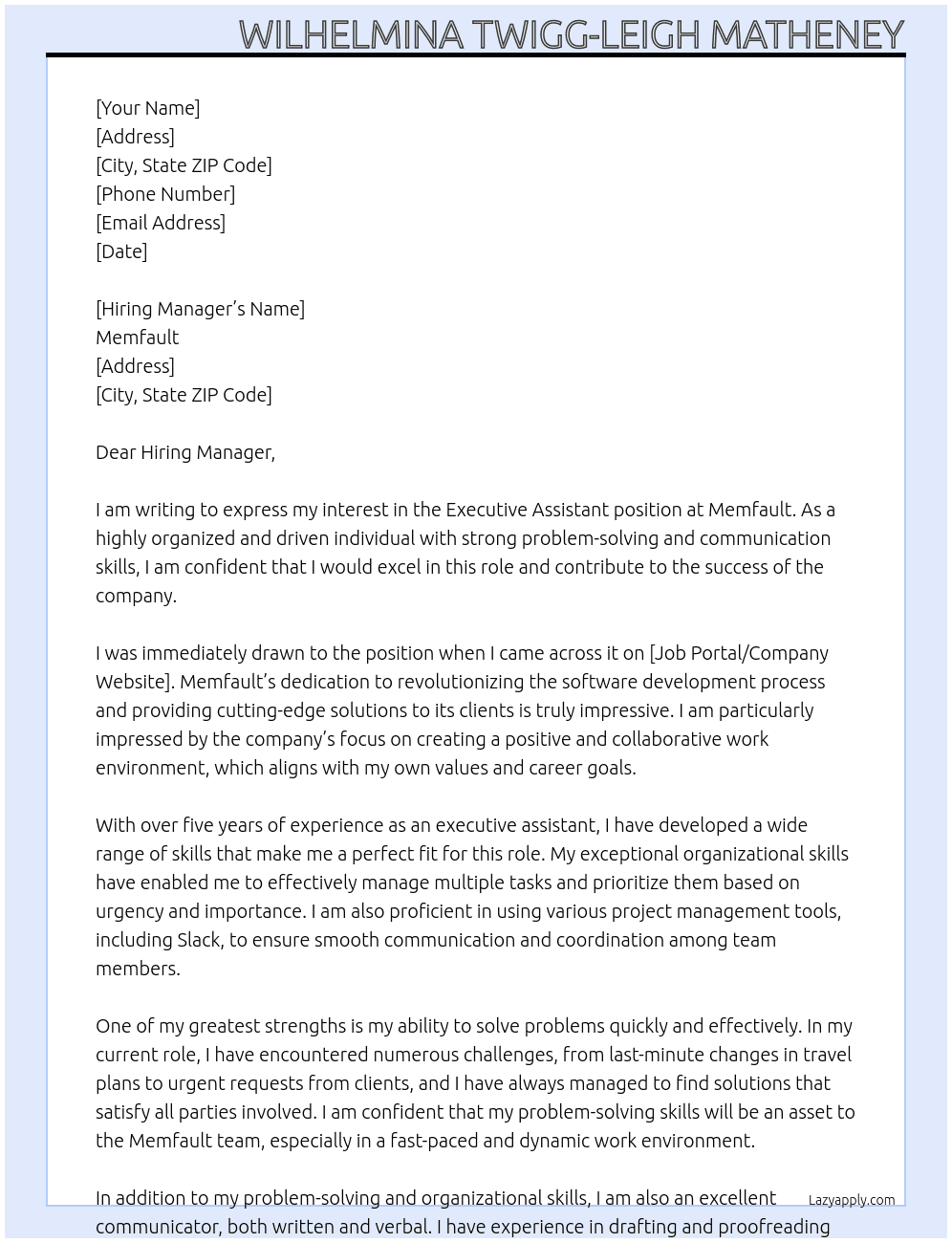 Executive Assistant At Memfault Cover Letter