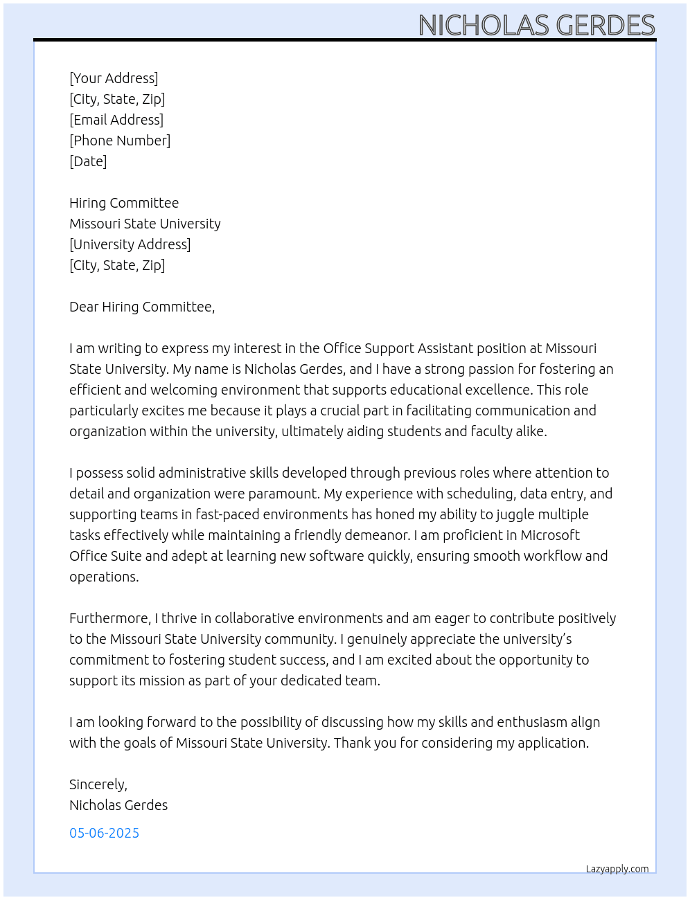 Cover letter for office support assistant - LazyApply