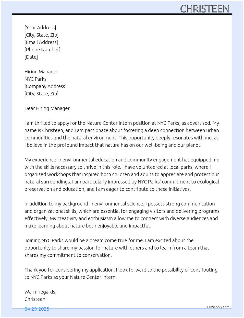 Nature Center Intern At NYC parks Cover Letter