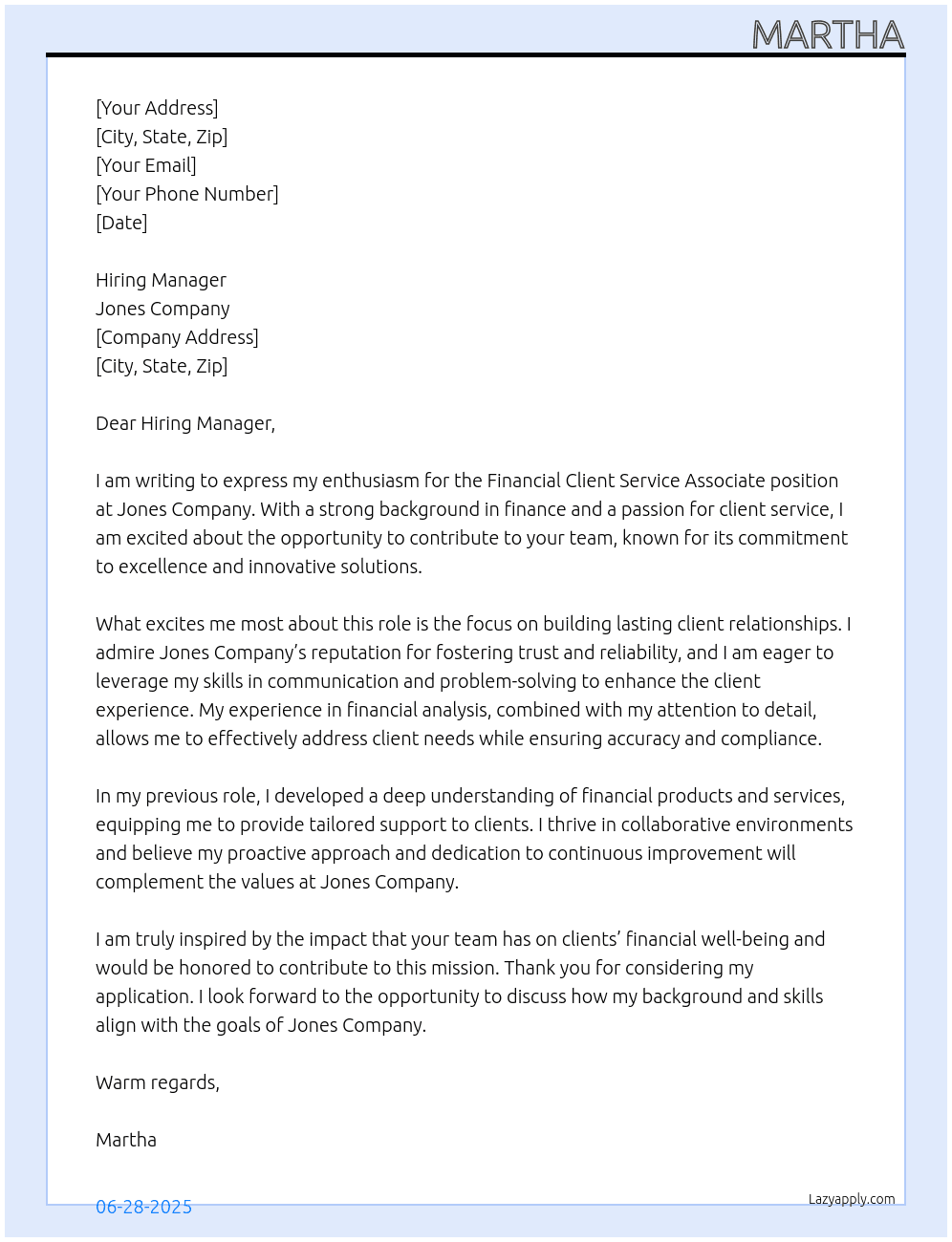 Financial Client Service Associate At Jones Company Cover Letter