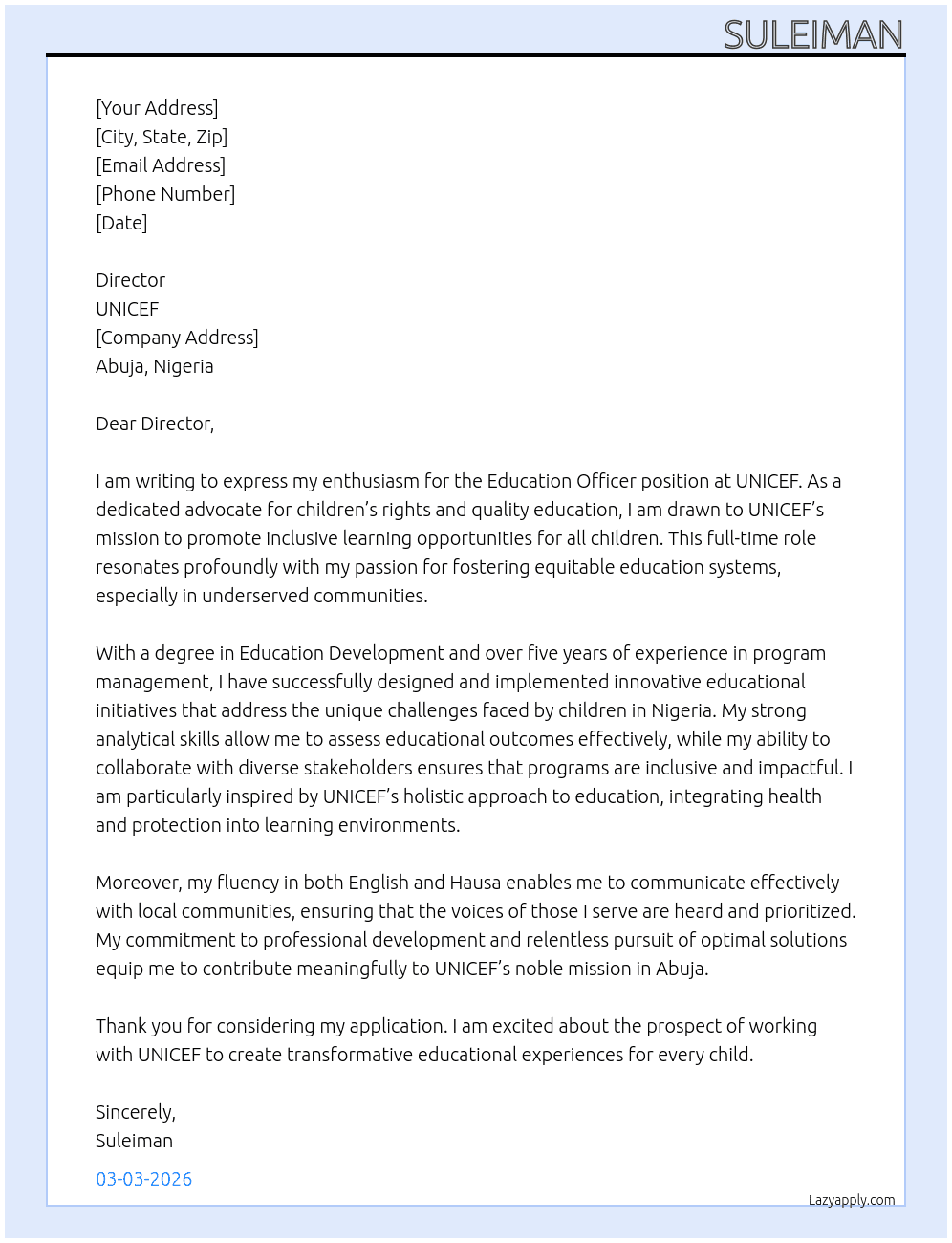 Cover letter for unicef education officer - LazyApply