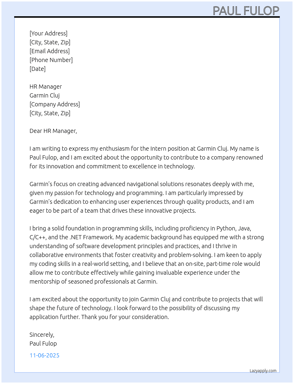Intern at Garmin  At Garmin Cluj Cover Letter