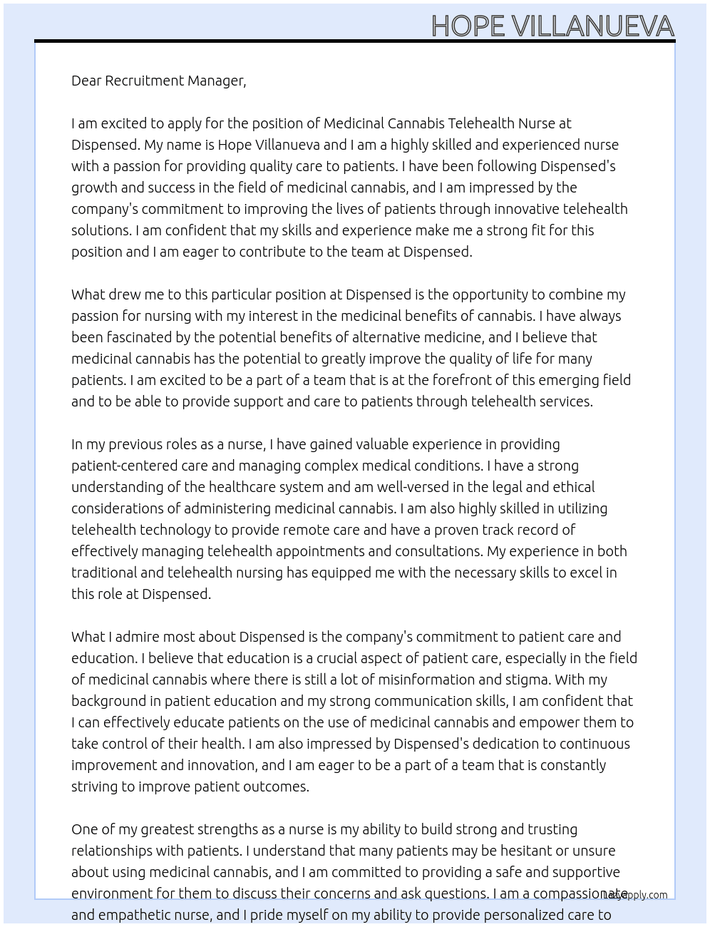 Medicinal Cannabis Telehealth Nurse At Dispensed Cover Letter
