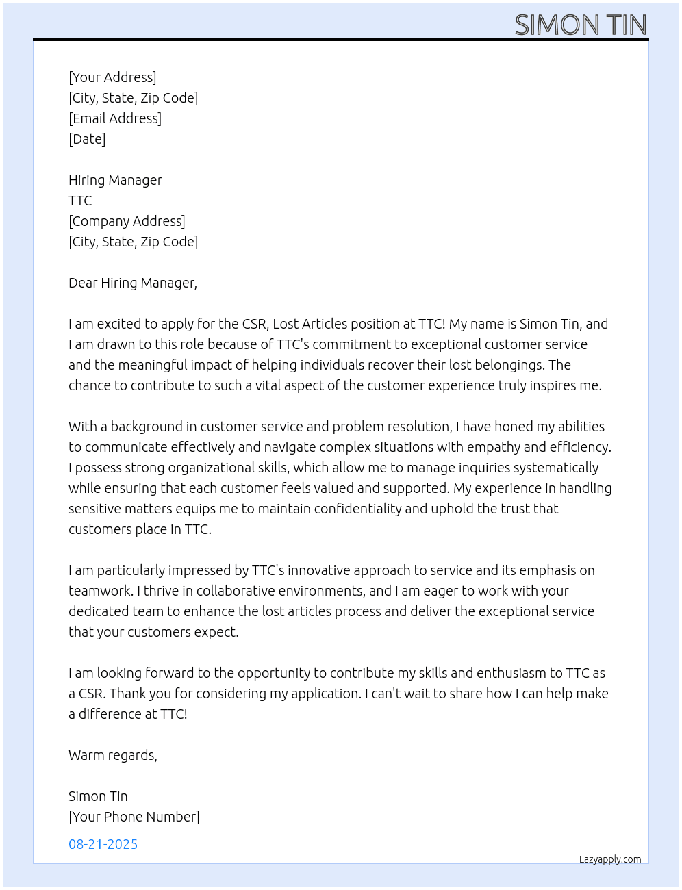 CSR, Lost Articles At TTC Cover Letter