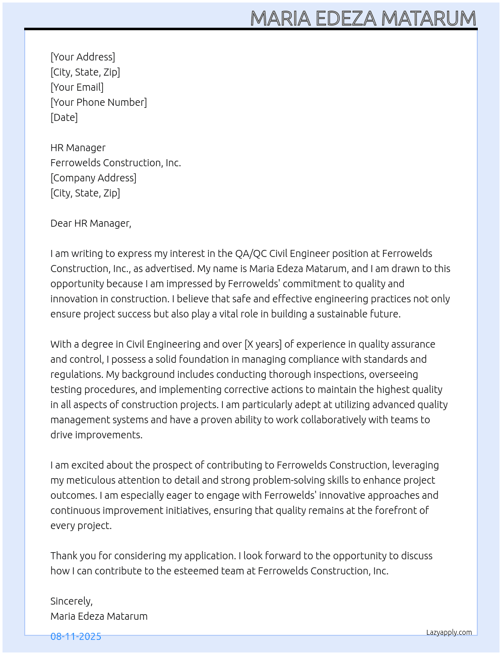 Cover letter for qa/qc civil engineer - LazyApply