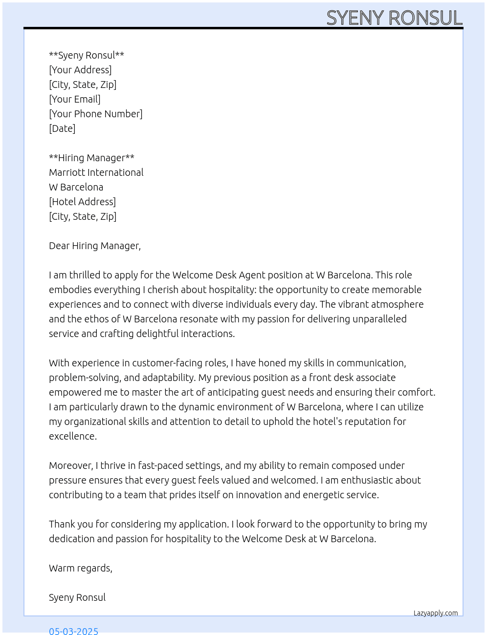Cover letter for welcome desk agent - LazyApply