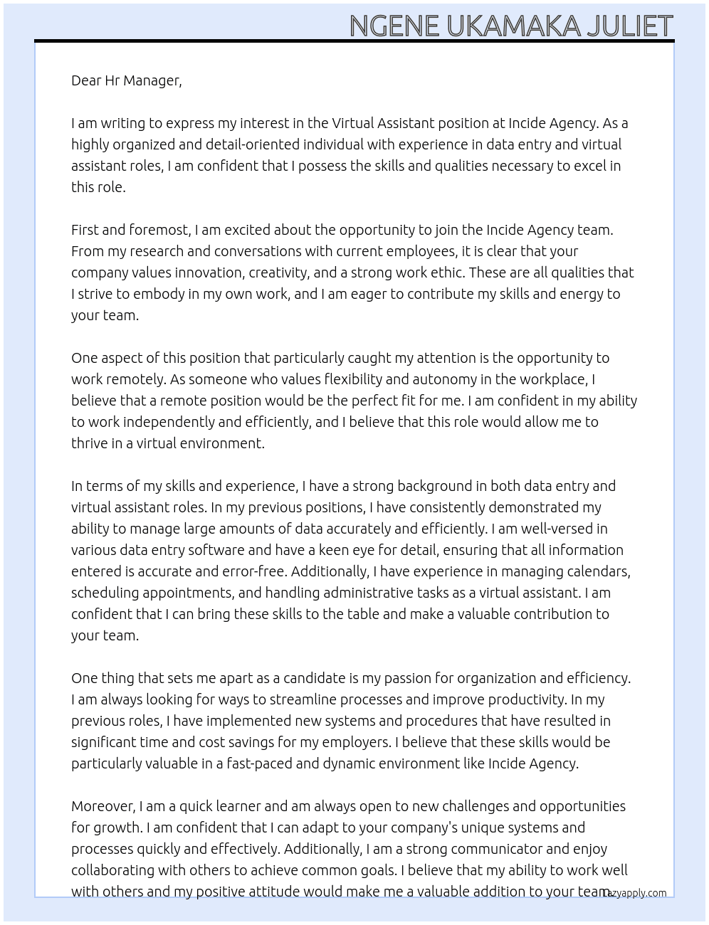 Virtual assistant At Incide Agency Cover Letter
