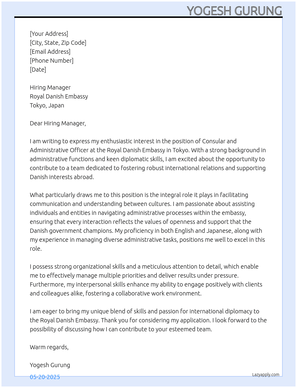 Consular and Administrative Officer At Royal Danish Embassy in Tokyo Cover Letter