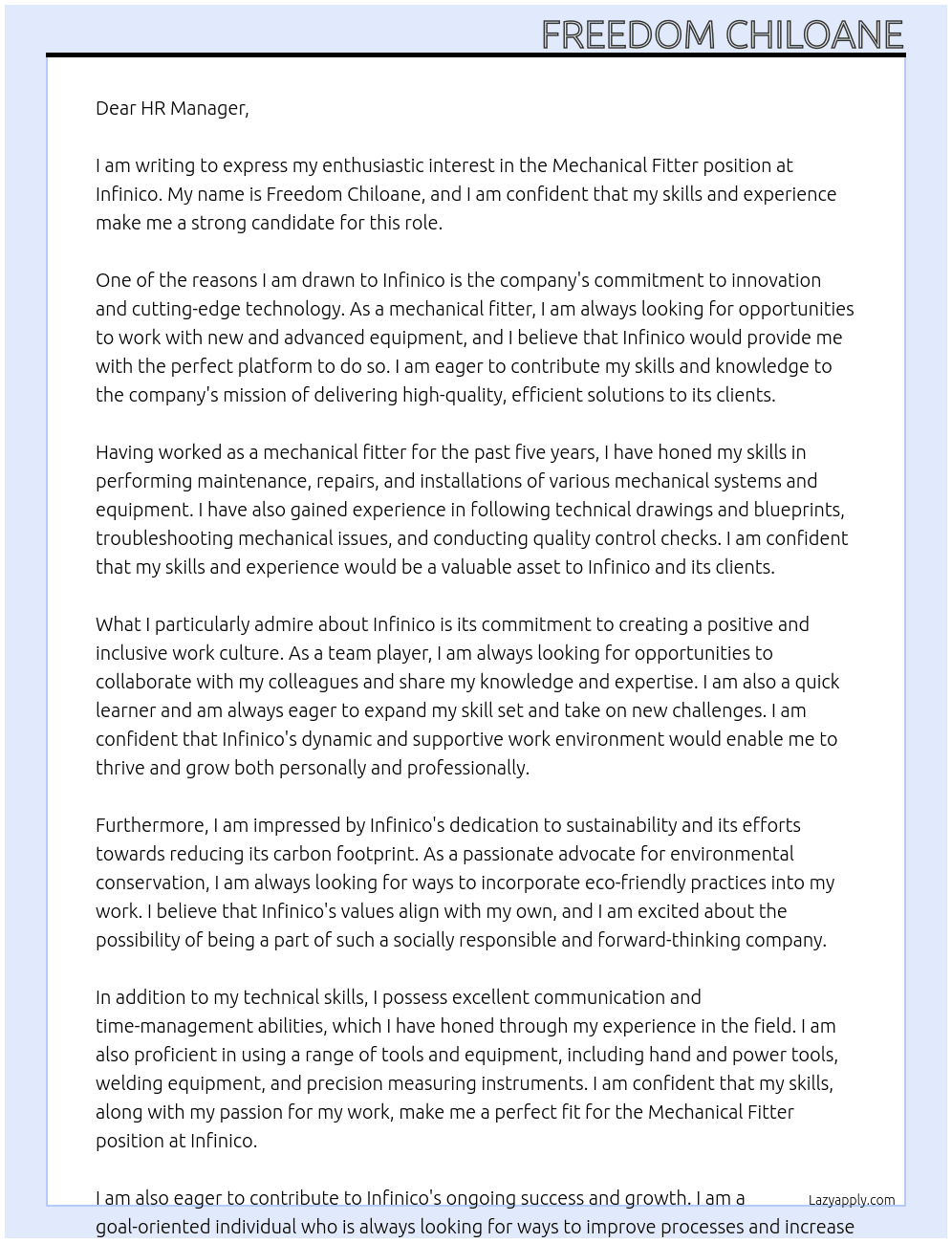 Mechanical fitter At Infinico Cover Letter