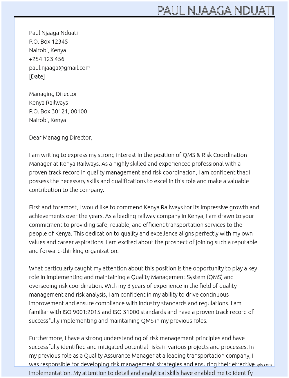 QMS & Risk Coordination Manager At Kenya Railways Cover Letter