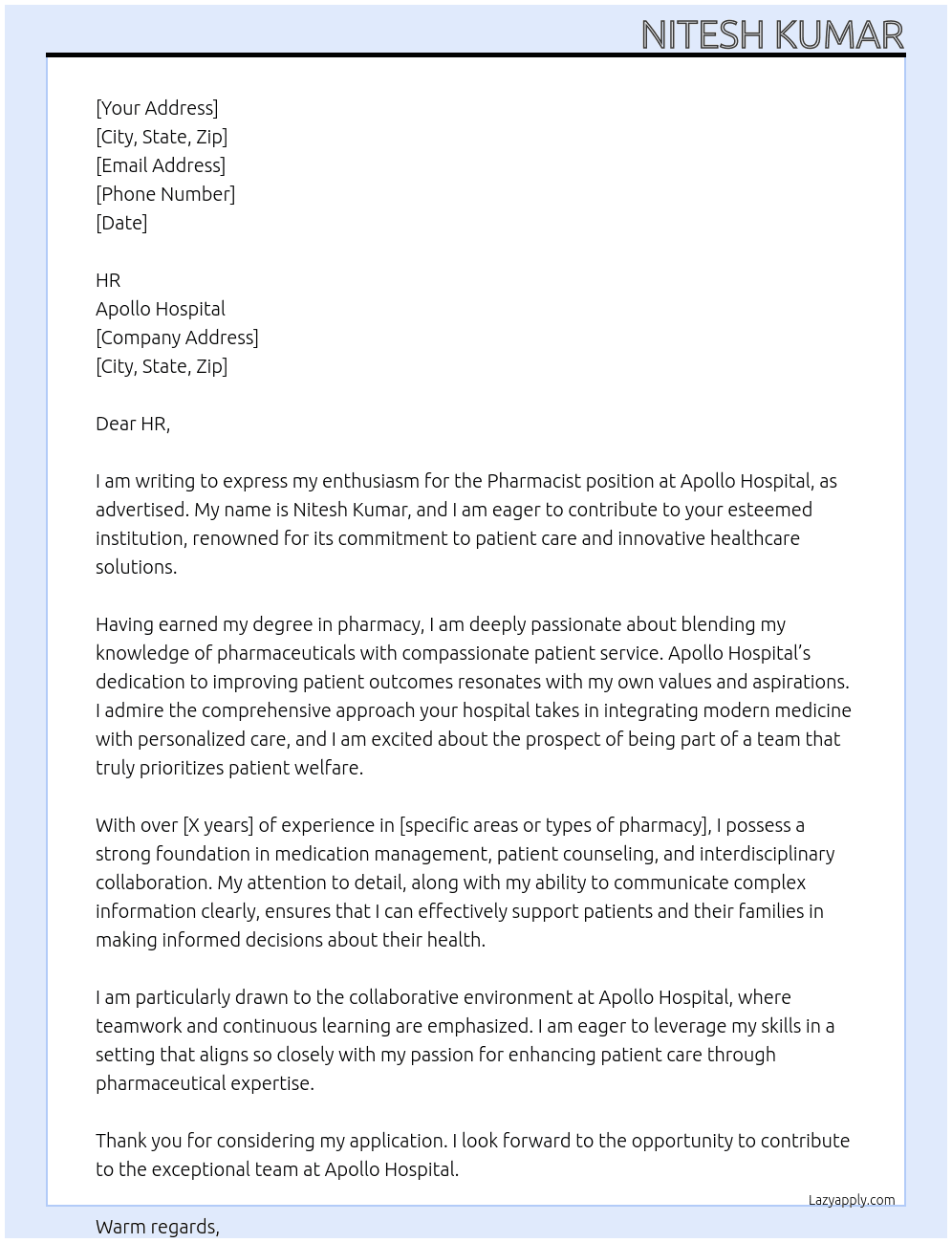 Pharmacist At Apollo hospital Cover Letter