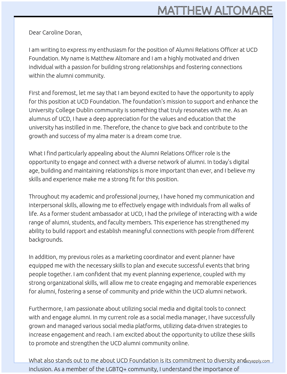 Alumni Relations Officer At  UCD Foundation Cover Letter