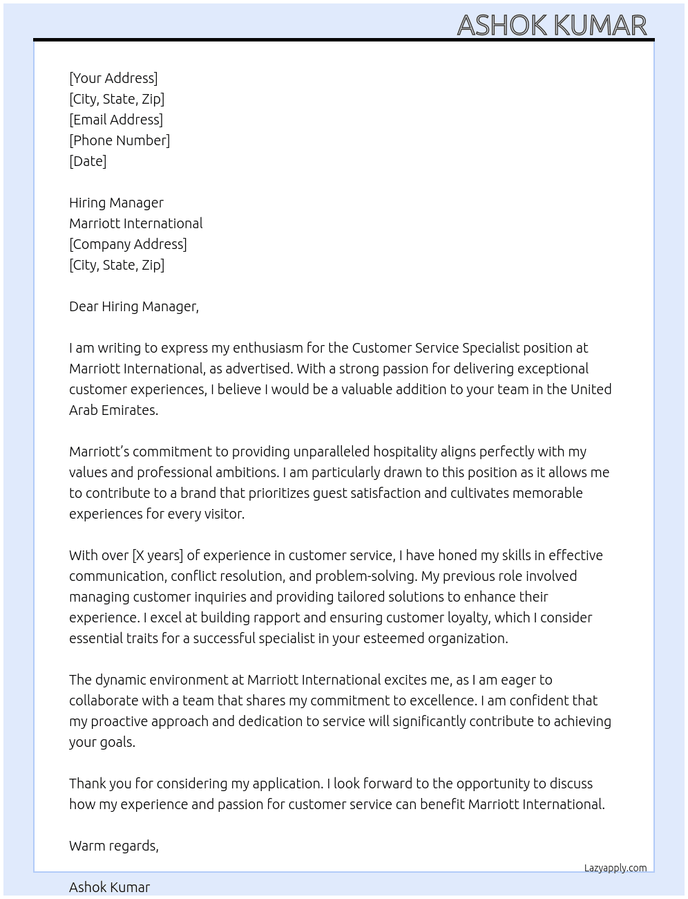 Customer service specialist  At Marriott international  Cover Letter