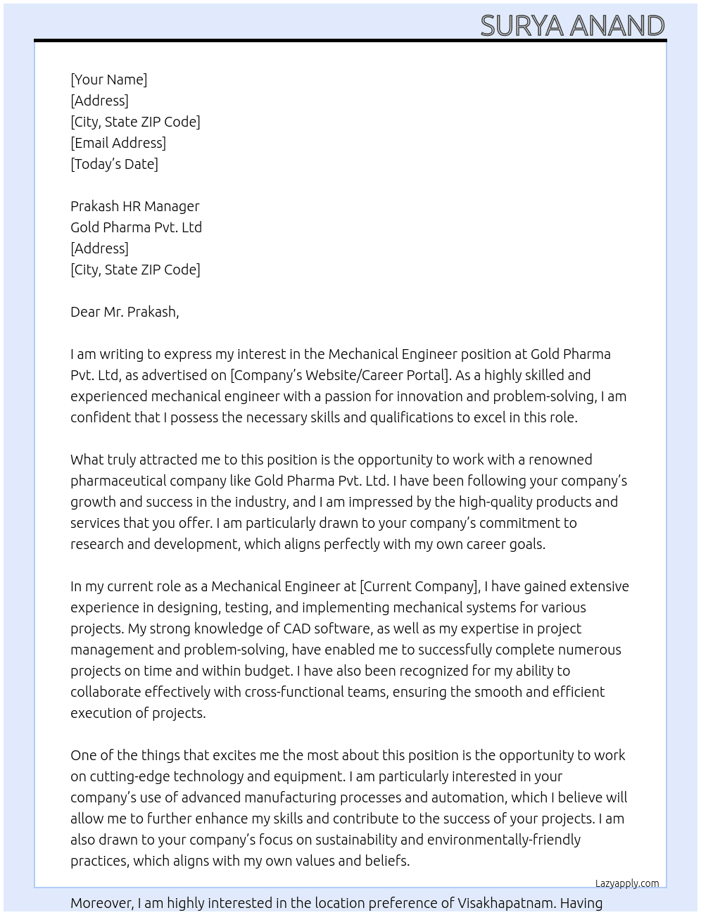 Mechanical Engineer At Gold Pharma Pvt. Ltd Cover Letter
