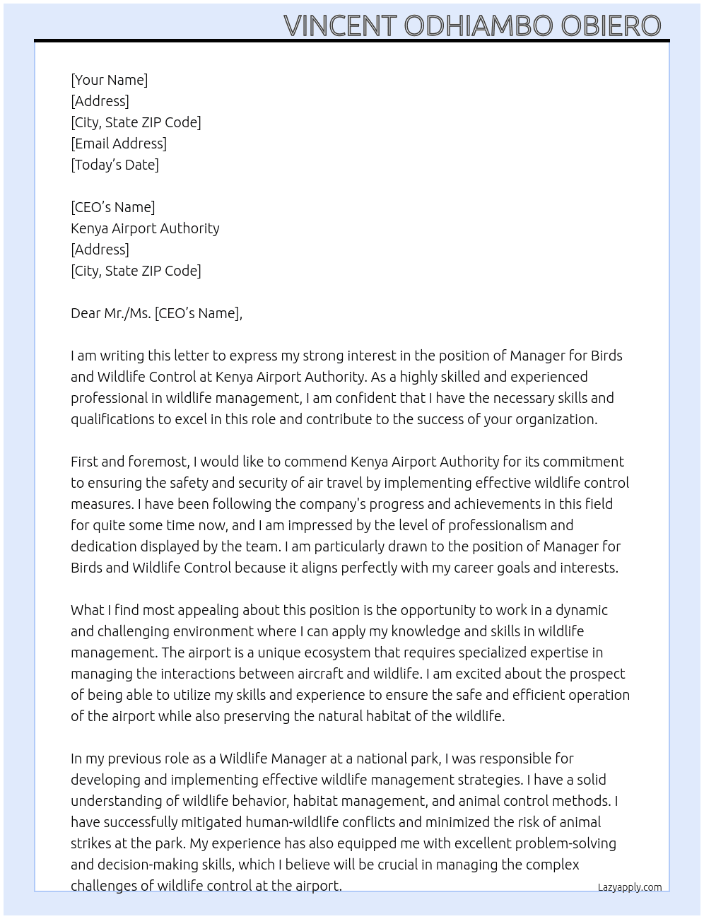 Manager,birds and wildlife control  At Kenya Airport Authority  Cover Letter