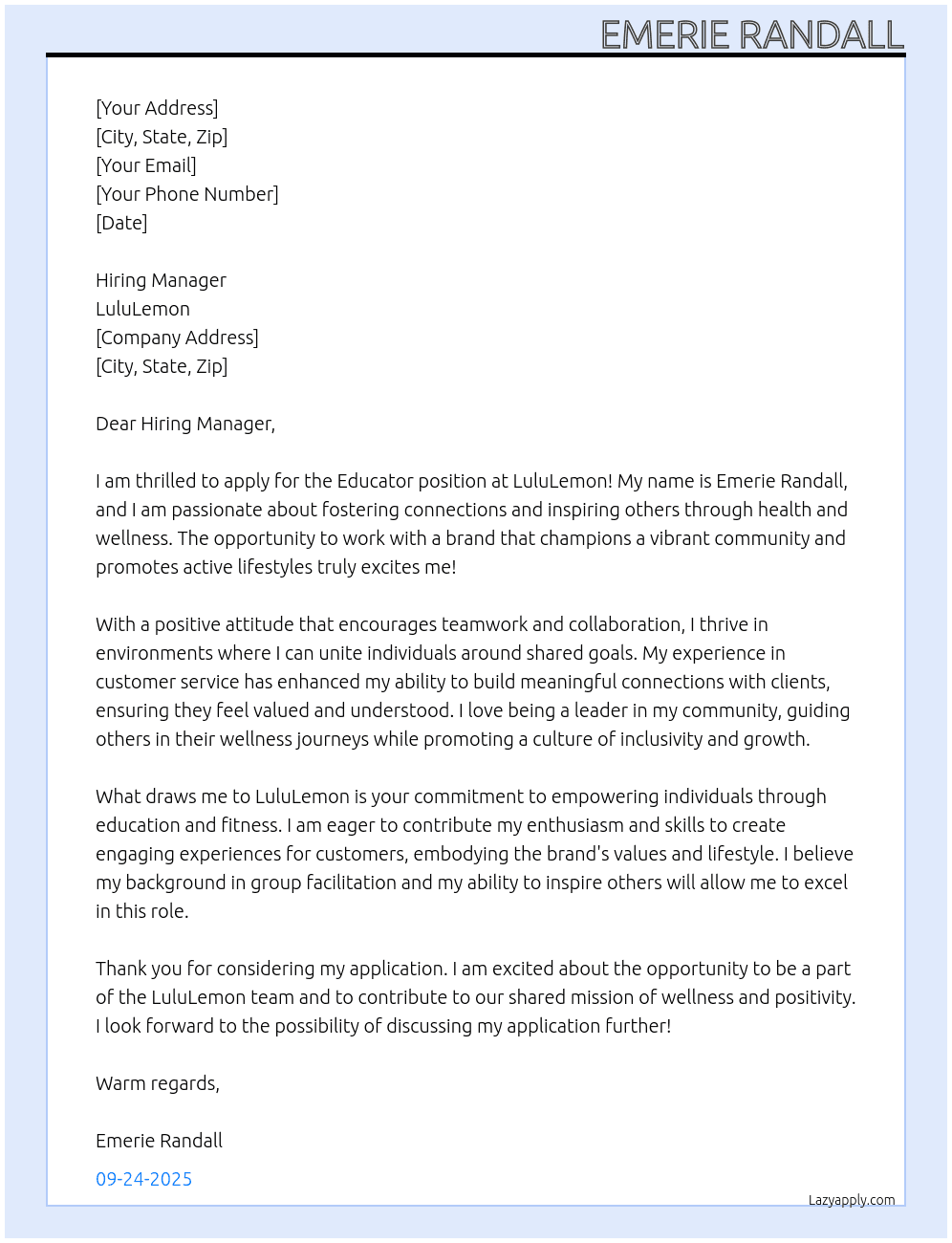  Educator At LuluLemon Cover Letter