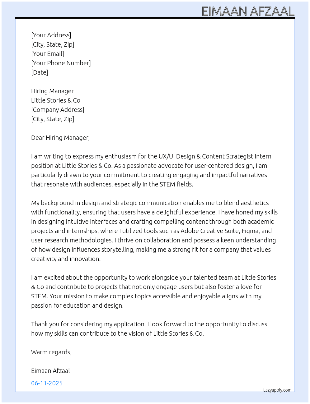 UX/ UI Design & Content Strategist Intern (STEM) At Little Stories & Co Cover Letter