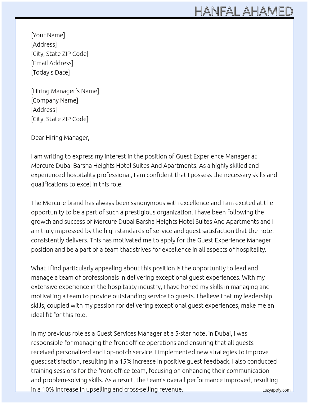 Cover letter for guest experience manager - LazyApply