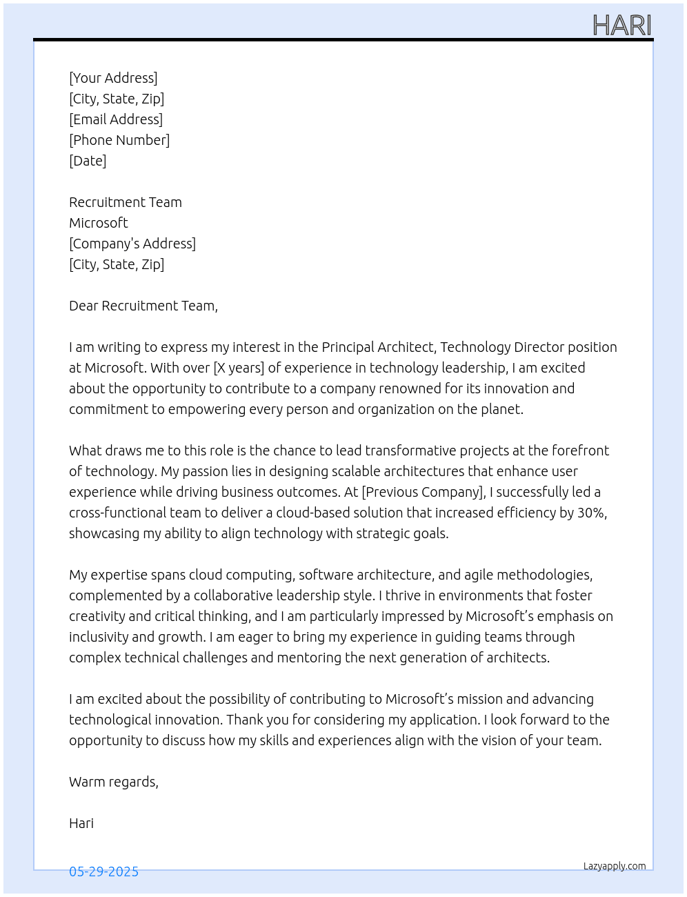 Cover letter for principal architect, technology director - LazyApply