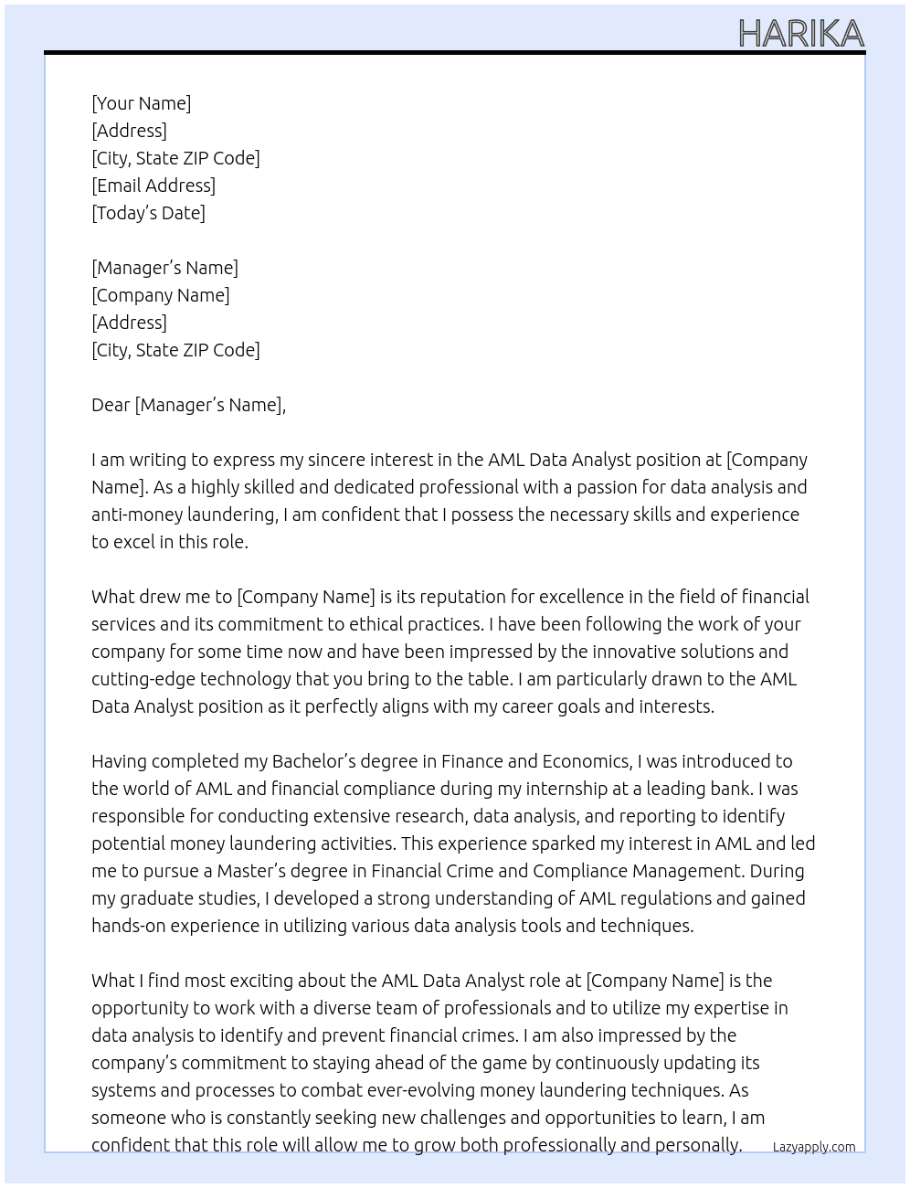 Cover letter for aml data analyst - LazyApply