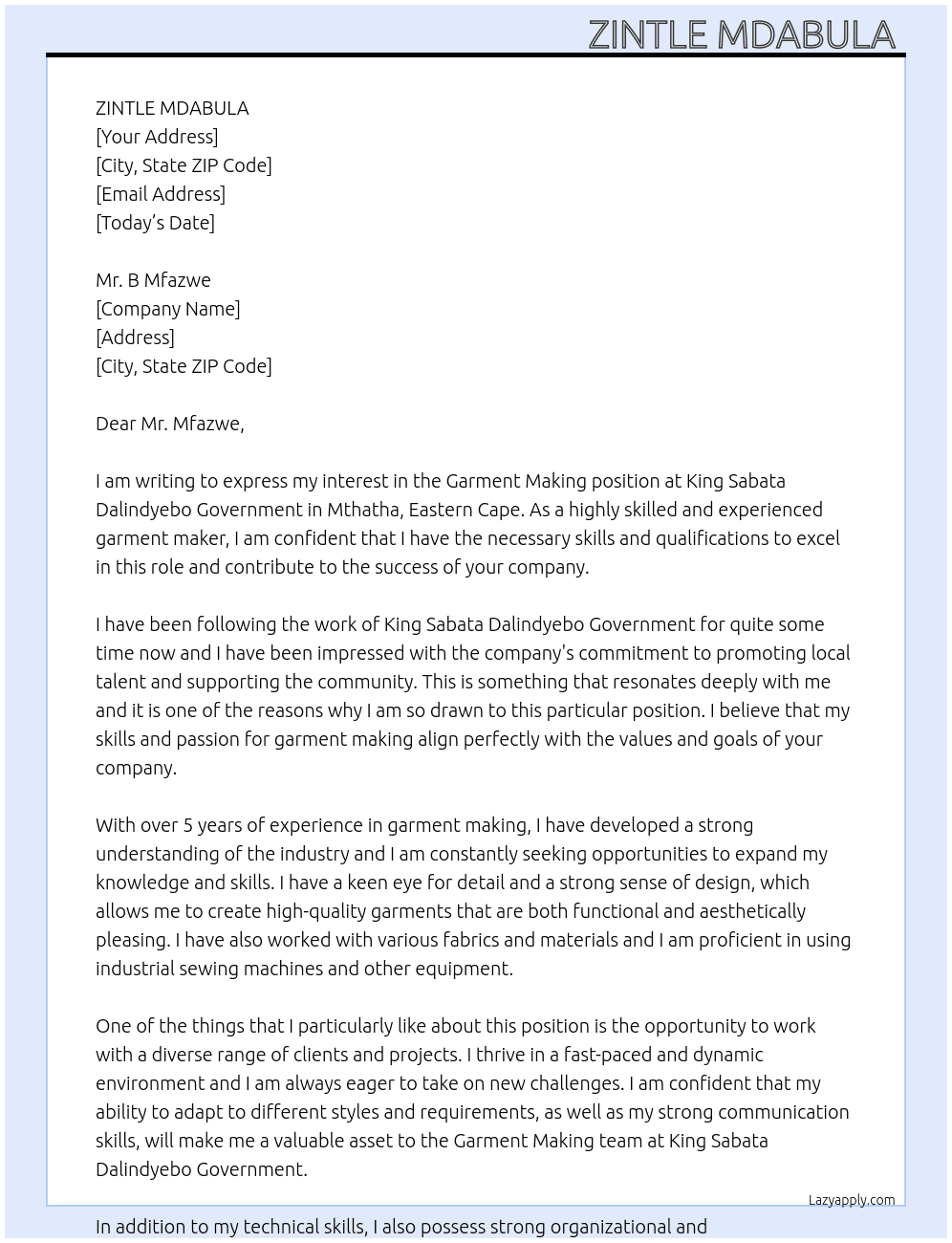 Garment Making  At King Sabata Dalindyebo Gov  Cover Letter