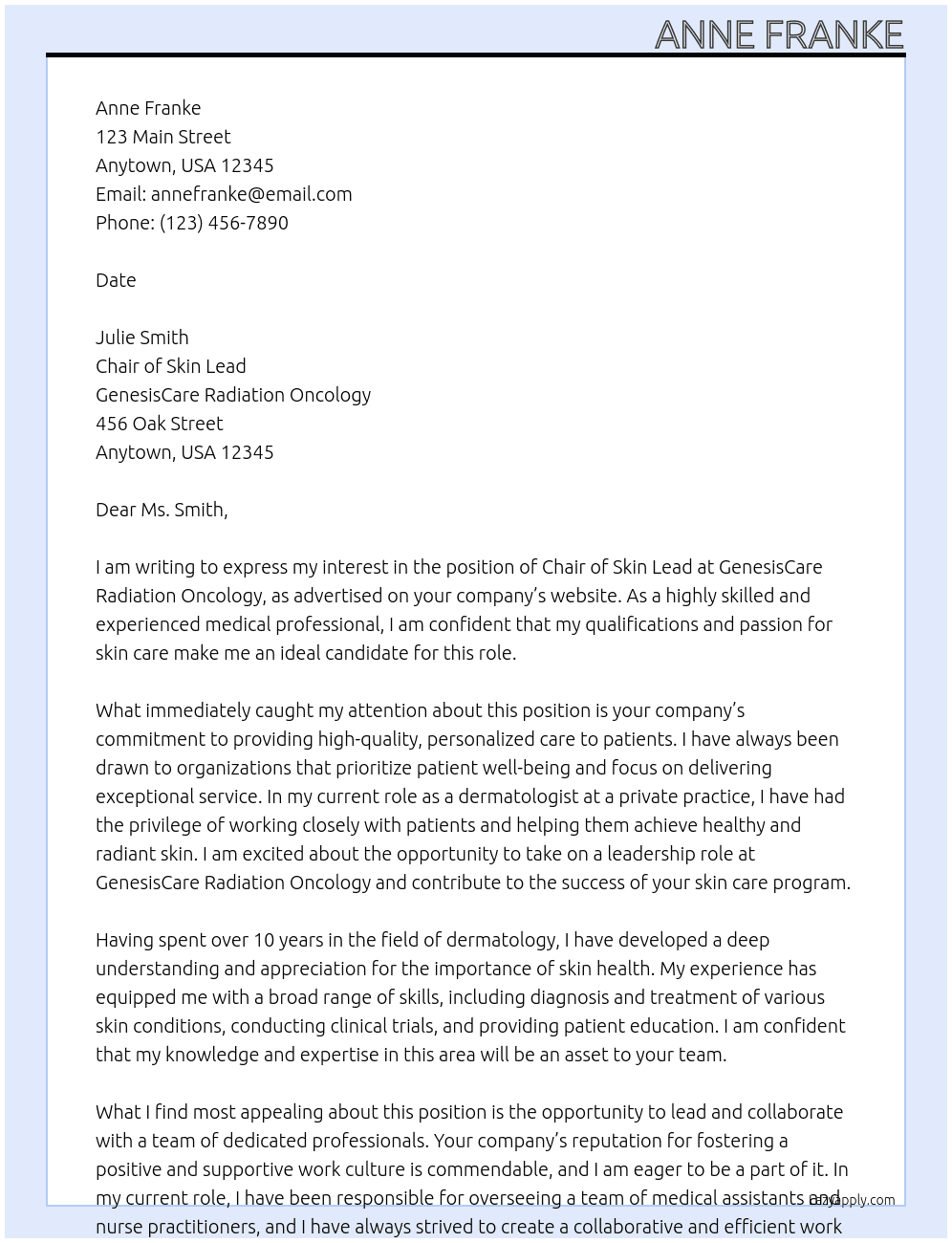 Chair of Skin lead At GenesisCare Radiation Oncology Cover Letter