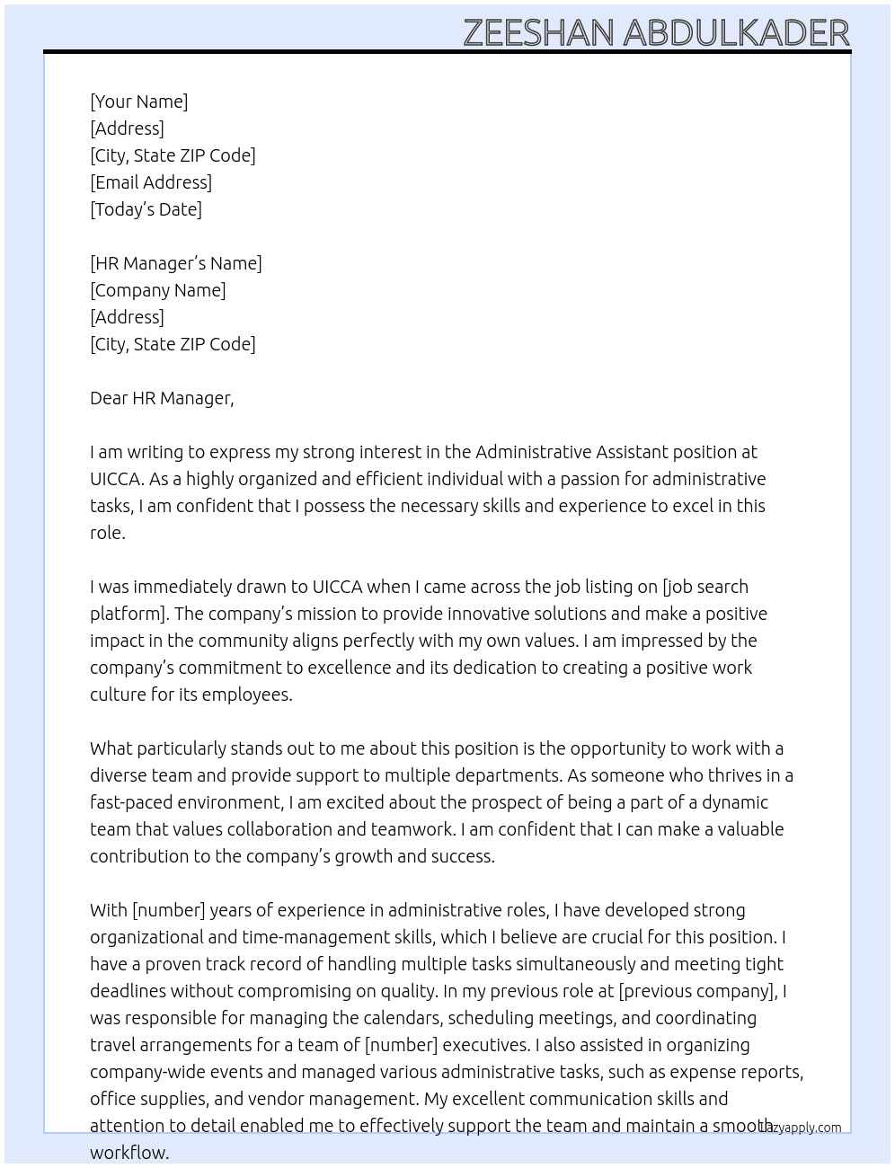 Administrative Assistant At UICCA Cover Letter