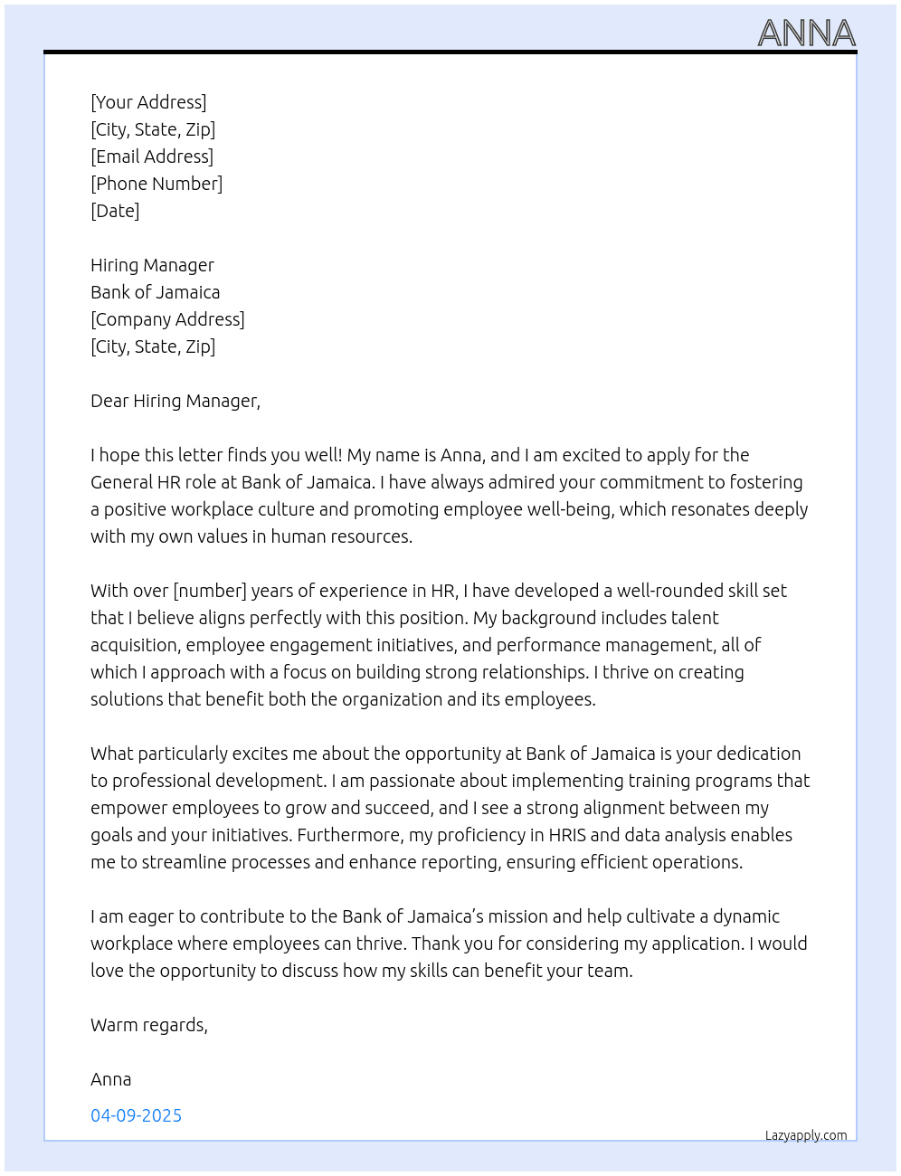 General HR role At Bank of Jamaica Cover Letter