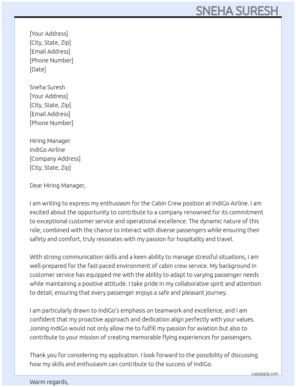 Cabin crew  At IndiGo Cover Letter