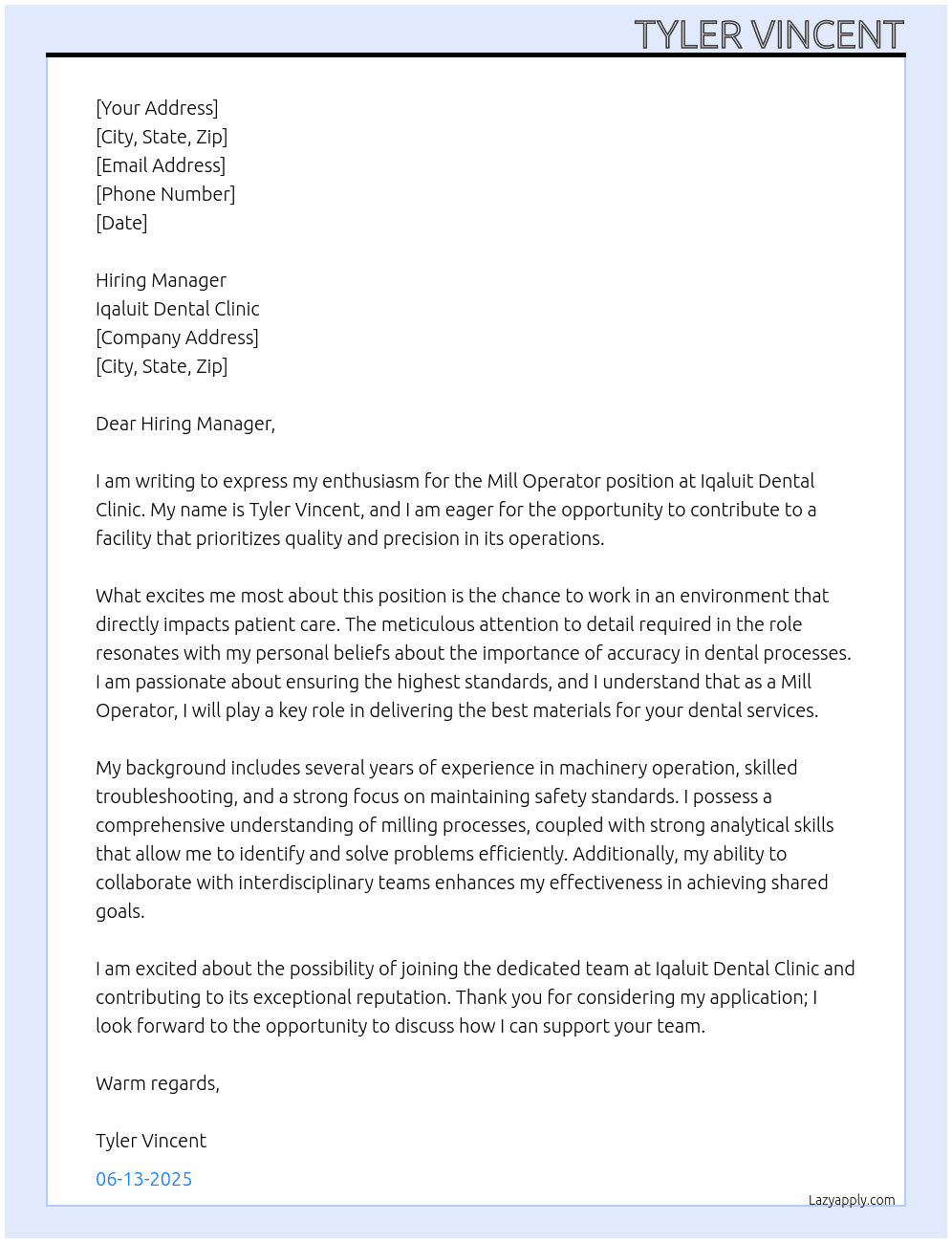 Mill Operator At Iqaluit Dental Clinic Cover Letter