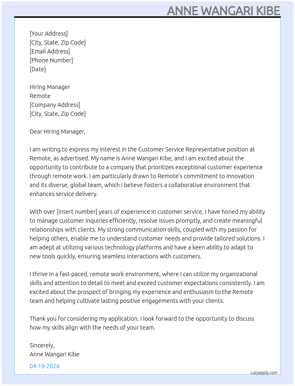customer service rep At remote Cover Letter