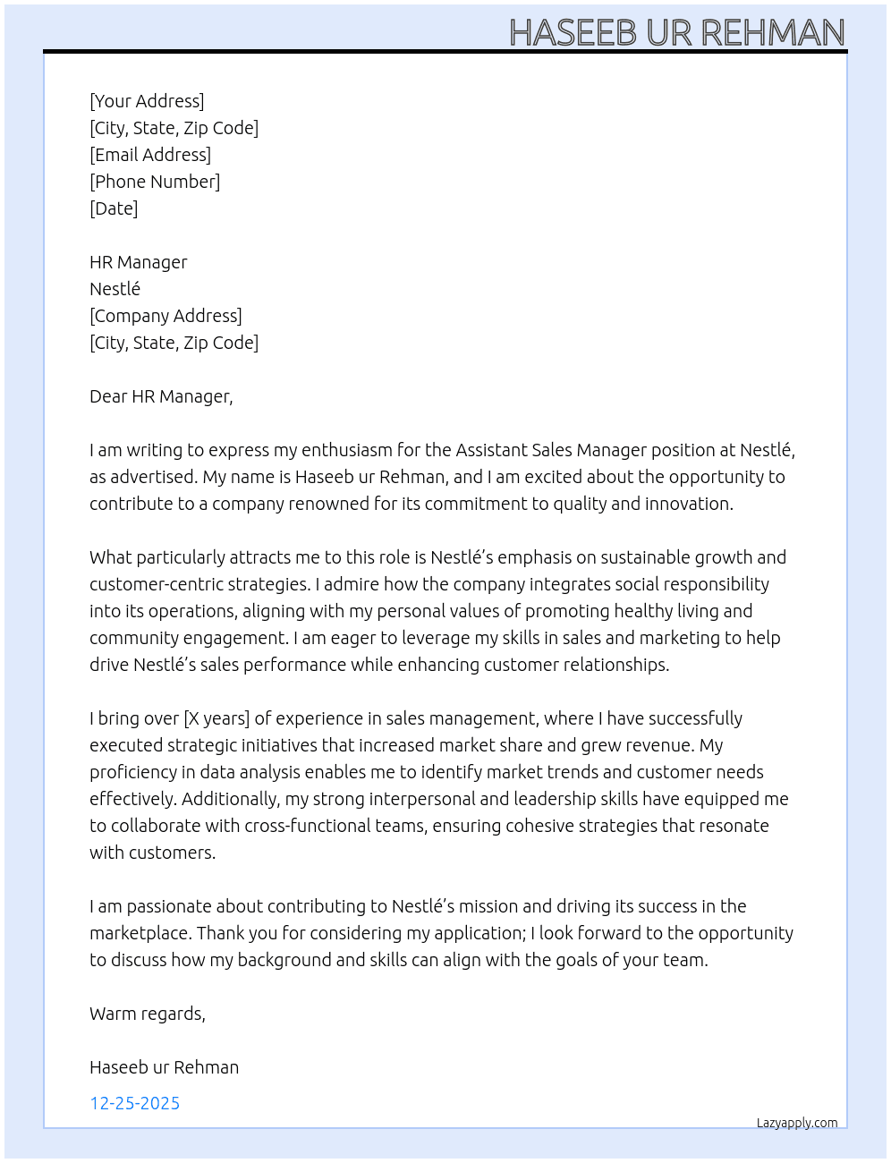 Cover letter for asm in nestle - LazyApply
