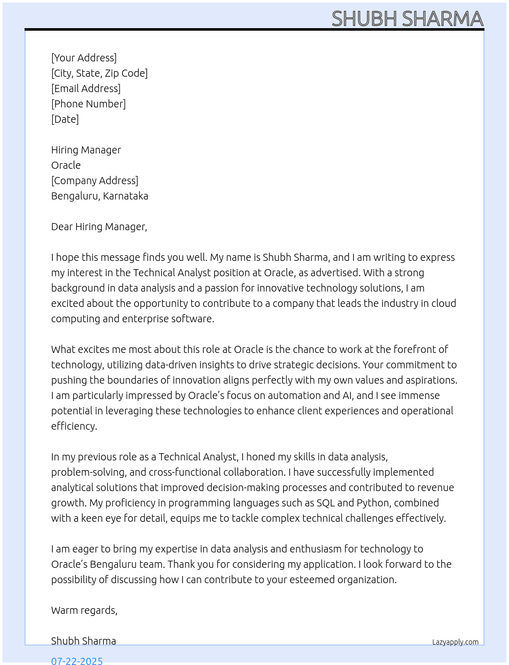 Cover letter for technical analyst - LazyApply